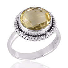 Forma redonda de cuarzo de limón corte de piedras preciosas 925 anillo de plata de ley